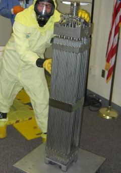 A chopped section of a spent fuel (nuclear waste) assembly (this particular one is actually a mock-up)
