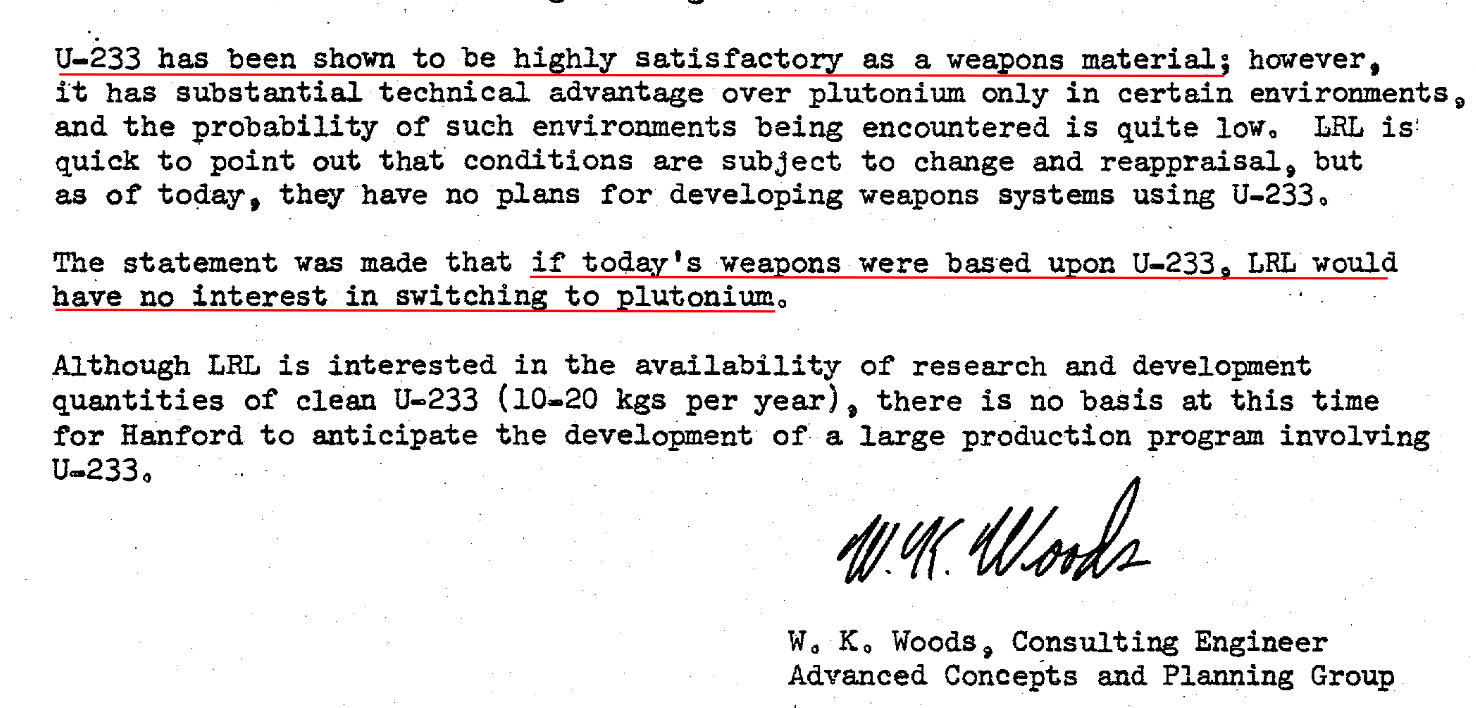 The letter text Letter from Livermore lab about how good U-233 is as a weapons
material