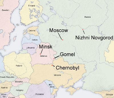 Map of Europe showing how far Gomel is from Chernobyl