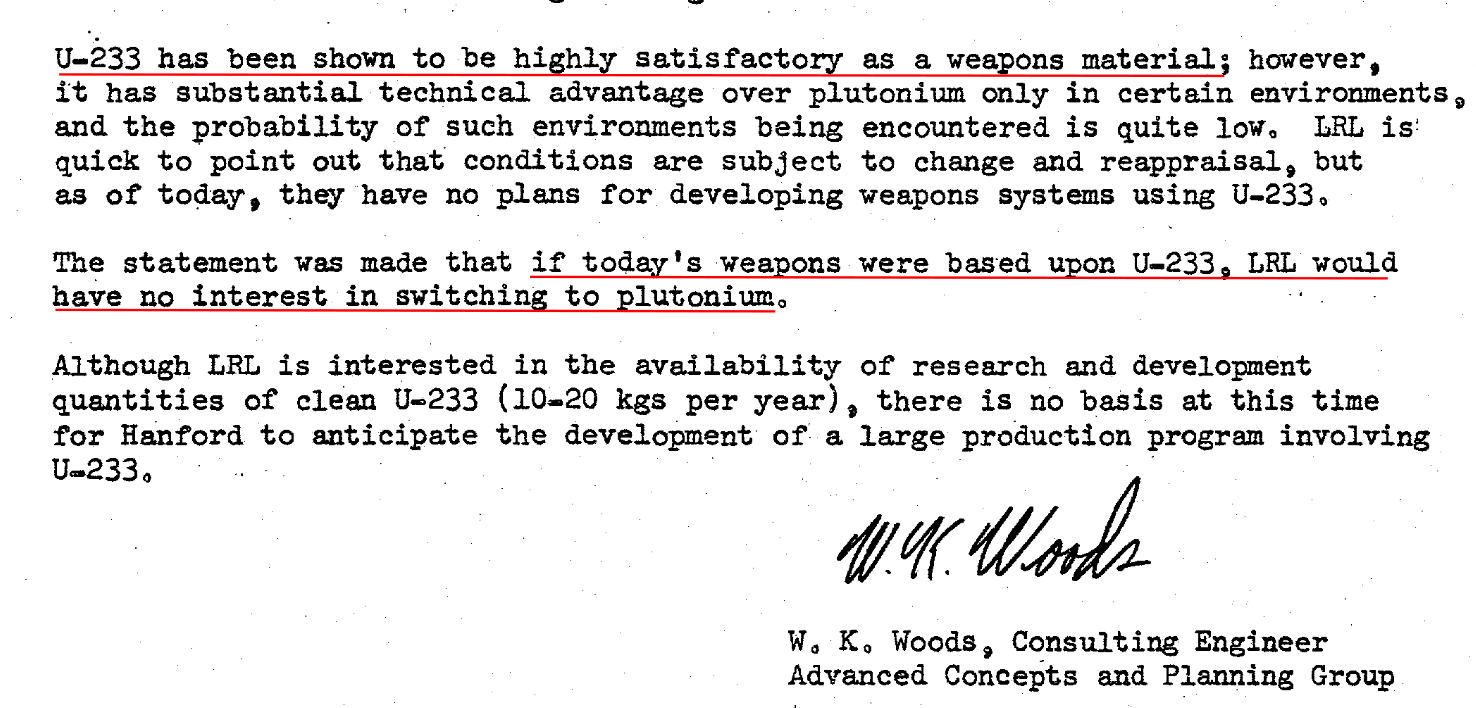 Letter from Livermore lab about how good U-233 is as a weapons
material
