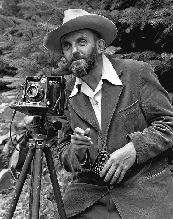 Image of Ansel Adams (from https://en.wikipedia.org/wiki/Ansel_Adams#/media/File:Ansel_Adams_and_camera.jpg) Image of Ansel Adams